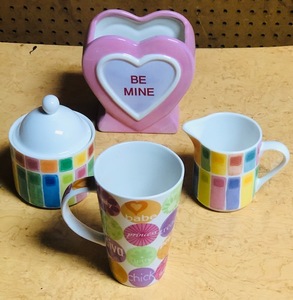 lot 320 image: Fitz & Floyd Gypsy Chicks Sugar Bowl and Creamer, Johnson Bros. England Coffee Mug, & 2006 Burton  Burton Sweet Talking Hearts