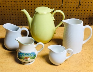 lot 323 image: Sangostone 3645 Country Cottage Creamer, 1991 Mayer China Creamer, BIA Cordon Bleu Creamer, Simple Dining Pitcher, & Green Tea Kettle