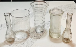 lot 362 image: Two Hoosier Glass Bud Vases & Hoosier Glass Vertically Ribbed Vase W Clear Glass Candle Holder And Uniquely Ribbed Vase