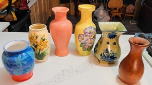 lot 366 image: Vintage Mid-Century Hand-Painted Lusterware Floral Rainbow Ceramic Vase, 1990s Japanese Lusterware Floral Vase, Vintage Hand Turned Wooden Vase, & Three Other Quality Vases