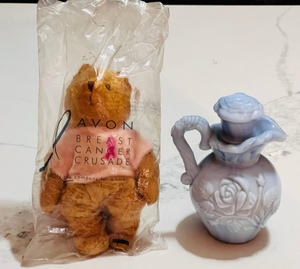 lot 368 image: 1978 Avon Perfume Victorian Style Bottle WStopper & 2001 Avon Breast Cancer Crusade Bear - New In Package