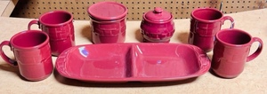 lot 374 image: Longaberger Pottery Paprika Red Woven Traditions Coffee Mugs, Sugar Bowl, Candle Holder, & Split Serving Dish