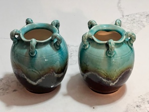 lot 376 image: Two Ceramic Pottery Vases Turquoise &amp Brown Handmade In Vietnam