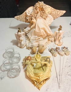 lot 387 image: Vintage Handcrafted Bouquet Industries Angel Doll W Lot of Ceramic & Wooden Angels & Five Twisted Glass Scalloped Edge Candle Holders