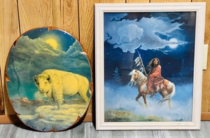 lot 395 image: American Indian White Buffalo Wood Plaque & Framed Print
