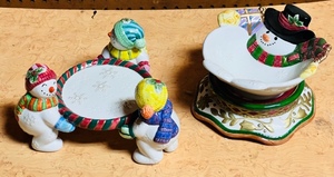 lot 404 image: Fitz and Floyd Frosty Folks Pillar Candleholder, Fitz & Floyd Home Fragrance Snowman PotpourriCandy Dish, & Home Fragrance Holiday Candle Holder
