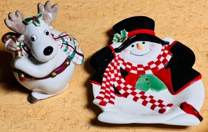 lot 403 image: Fitz and Floyd Holly Jolly Snowman Cookie Plate & Reindeer Cookie Jar