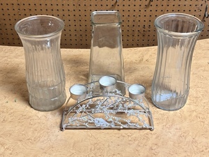 lot 408 image: Vintage Indiana Hoosier Clear Glass Vase WFlared Lip Ribbed Mid Century, Vintage 1970s Hoosier Clear Glass Curved Vase, & Vintage DPS Vase