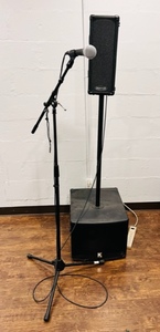 lot 14 image: Kustom PA50 Portable Personal AmplifierPA System, Kustom PA112-SC Self-Contained Powered Subwoofer, Proline Mike Boom, &amp Shure Dynamic Microphone PGA48