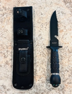 lot 53 image: Ruko Fixed Blade HuntingSurvival Knife WSheath, Compass, &amp Whetstone