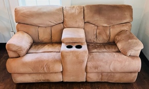 lot 77 image: Crushed Leather Couch WDual Recliners, Cupholders, &amp Storage Compartment&nbsp