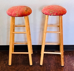 lot 78 image: Two Vintage Cushioned Wooden Bar Stools
