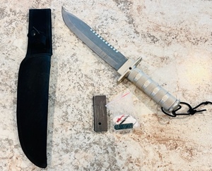 lot 112 image: Vintage Rambo Style Survival Knife WCompass, Whetstone, &amp Survival Kit