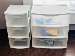 lot 123 image: Two Sterilite 3 Drawer Carts - Contents Included