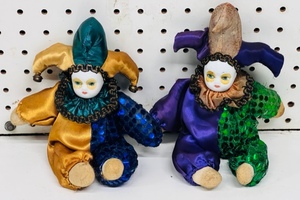 lot 183 image: Pair of Vintage Hand-Painted Porcelain Faced HarlequinJester Dolls