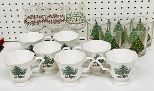 lot 225 image: Set of 7 Octagon Shaped Nikki Classics Christmas CoffeeTea Cups,&nbsp5 Vintage 1985 Action Industries Christmas Barware Cups, &amp Three Libbey Gold Rimmed Vintage Christmas Goblets