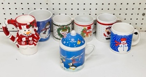 lot 228 image: Vintage Waechtersbach Christmas Blue Snowman Coffee Mug Cup Made in West Germany W Six Other Assorted Christmas Mugs