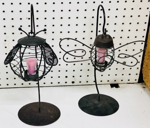 lot 242 image: Two Unique Metal Hanging Butterfly &amp Lighting Bug Candle Holders WStands