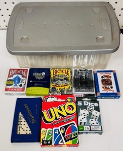 lot 250 image: Five Decks of Playing Cards, Dominoes, Uno, &amp 5 Dice Game WRubbermaid Storage Container