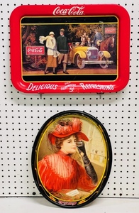 lot 32 image: Vintage CocaCola Touring Car &amp 1908 Calender Girl Serving Trays, Circa 1987