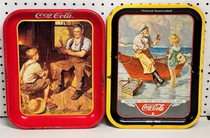 lot 33 image: Vintage Coca-Cola Village Blacksmith &amp Sea Captain Serving Trays, Circa 1987