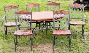 lot 53 image: Metal Frame and Wood Dining Room Table &amp Six Chairs and Leaf - 6x Money
