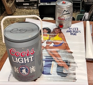 lot 65 image: Vintage Coors Light Cooler &amp 1.3 Gallon Mini Keg W Two Miller Lite Advertising Posters