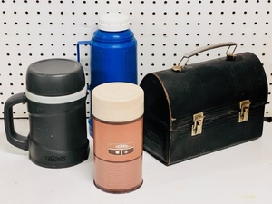 lot 72 image: Vintage Metal Lunch Box W3 Thermos Brand Thermoses - One Going With Lunch Box