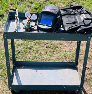 lot 84 image: Acetylene Torch &amp Gauges, Ironton&nbspWelding Mask, Tool Bag, &amp Metal Wheeled Cart