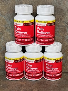 lot 100 image: Five (5) Bottles 125 Count Caplets of Walgreens Extra Strength Pain Reliever - 5x MONEY