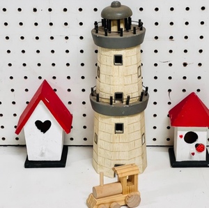 lot 109 image: Three Handcrafted Wood Working Projects - Lighthouse, Two Bird Houses, &amp Train