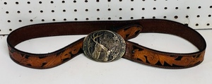 lot 131 image: Size 38 Vintage Leather Resistol Belt W Award Design Metals Buck &amp Doe Belt Buckle