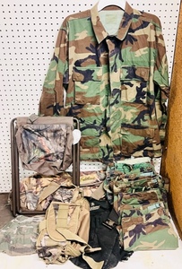 lot 135 image: Three (3) Pair of Army Camo Pants &amp One (1) Shirt WFolding Hunting Chair, Camo Shorts &amp Other Hunting Equipment&nbsp