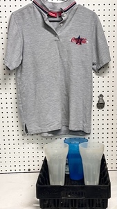 lot 138 image: Vintage Progressus Hanging Bottle Opener W Coca-Cola Polo Shirt, Coca-Cola Bottle Crate, &amp Three (3) Coca-Cola Cups