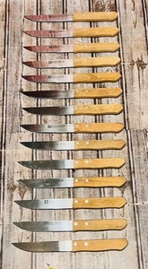 lot 203 image: Set of 14 Restaurant Quality Royal Norfolk Cutlery Stainless Steel Steak Knives W Light Colored Wood Grain Handles