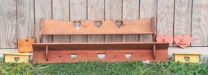 lot 207 image: Four Vintage Wall Hanging Shelves With Heart Shaped Designs, Wooden Lazy Susan Desk OrganizerPicnic Recipe Holder, &amp Two (2) Vintage Wooden Heart Shaped Candle HoldersSconces&nbsp