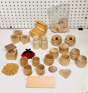 lot 244 image: Large Wood Crafting Lot - Including Salt &amp Pepper Shakers,Treasure Box, Etc.
