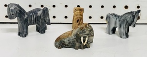 lot 252 image: AntiqueVintage Marble Walrus, Horse, &amp Donkey W Antique Carved Miniature Egyptian Clay Wine Flask - Serpent Design with Intricate Carvings