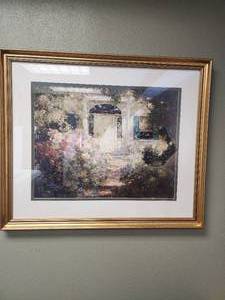 lot 13 image: Bassett Furniture 29x35 Doorway and Garden Canvas Print, Wrapped in an ornate Gold Colored Frame, Artist Graves