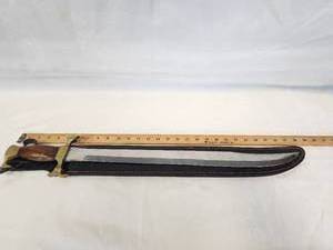 lot 39 image: 28 inches Sword with Sheath Wood and Brass Handle, (blade needs attention)