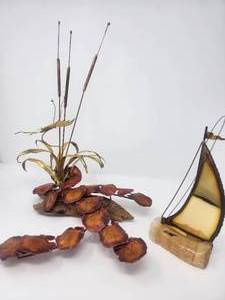 lot 12 image: Handcrafted Copper & Brass Butterfly On Natural Wood Base Center Piece, Brass Sailboat on Marble Base Signed