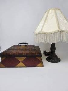 lot 16 image: Large Felt Lined TrinketJewlry box with Lid11x6. Metal Based Side Lamp with Ornate Fringed Shade