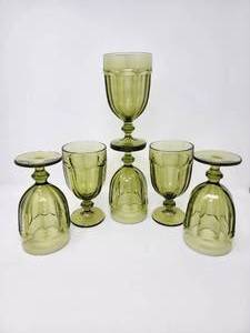 lot 54 image: Set of 6 Libbey Gibraltar Duratuff Water Goblets Olive Green, These are heavy large Goblets. Measure 6 34 inches high. Holds just under 12 ounces.