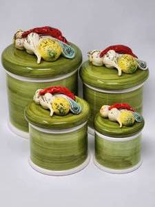 lot 59 image: Vintage Isco Japan Veggie Top Ceramic Canister Set