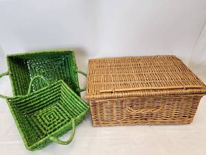 lot 61 image: lot of 3 Wicker Baskets as shown Brown One Locks with a Locking Rod, Green one handle needs attention see pics.