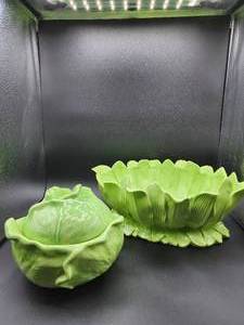lot 62 image: Vintage Holland Mold Ceramic Green Cabbage Lettuce Bowl, Oblong Ceramic Lettuce Style bowl, (one leaf chipped)