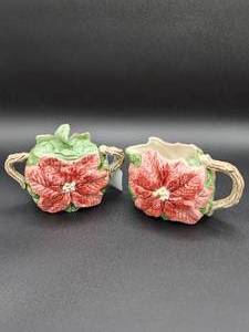 lot 63 image: OCI Omnibus Fitz & Floyd Poinsettia Sugar Bowl & Creamer Christmas Set