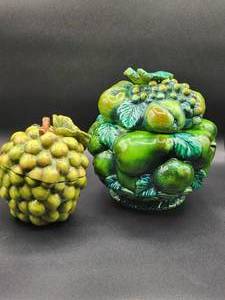 lot 64 image: Certified International Lidded Grape Canister, Vintage Cookie Jar, Inarco  EZ 608, Pears & Apples, Embossed Fruit Jar, Green Canister