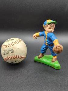 lot 66 image: PW Figurine Little Boy Pitching and League Ball as shown