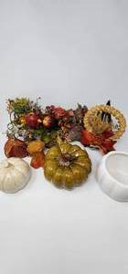 lot 114 image: Fall Home Decore Lot 3 Ceramic Pumpkins 2 Candles and Reefs as shown
